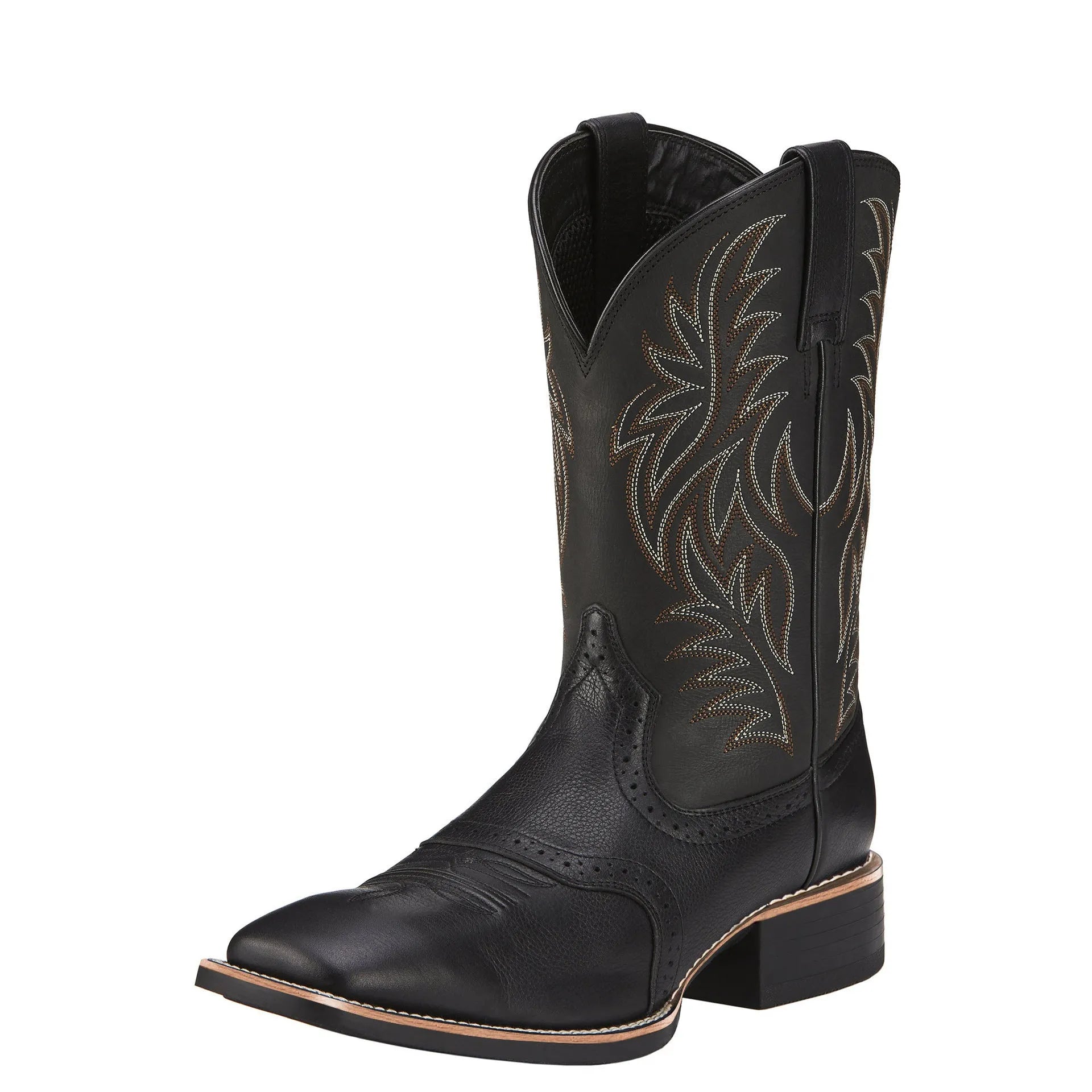 Men's black Western cowboy boot with high embroidery stitching on a wide square toe and high shaft.