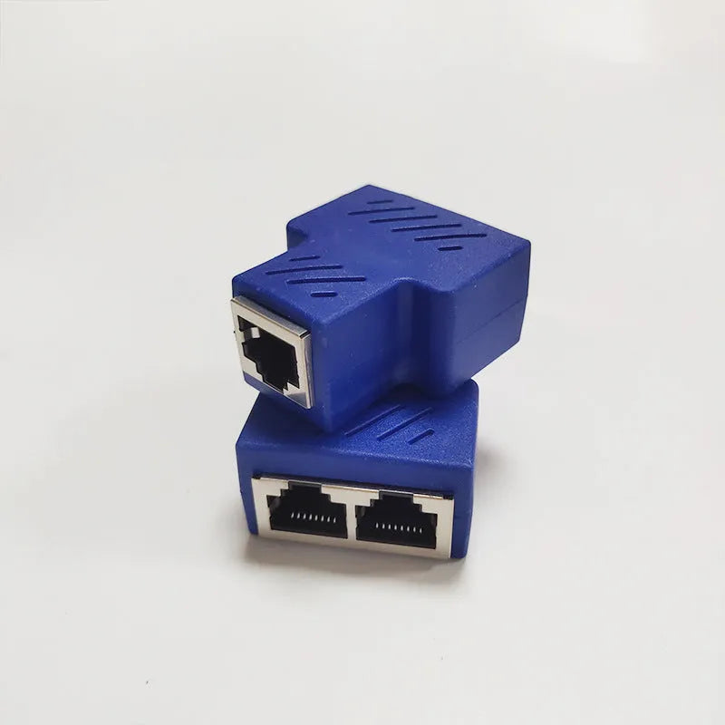 RJ45 network splitter adapter in five colour options showing three-way tee design