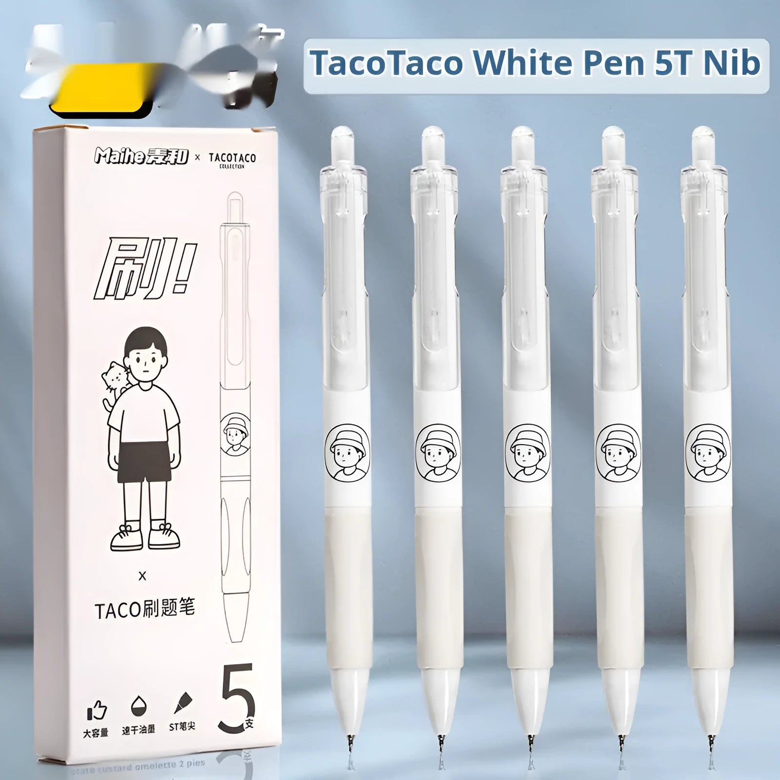 Five white Taco ballpoint pens with black 0.5mm tips arranged together