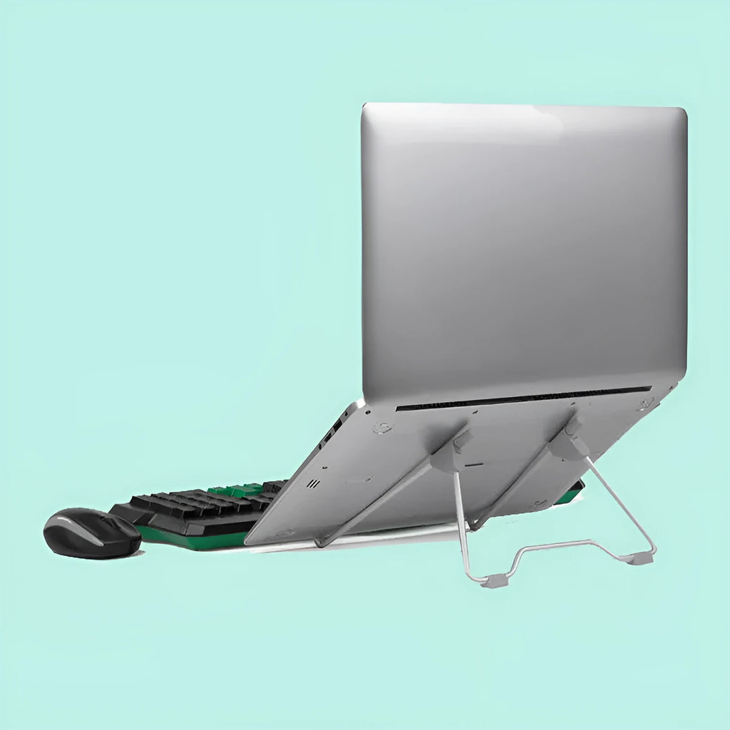 Grey aluminium alloy and plastic folding stand holding a mobile phone and a small laptop.