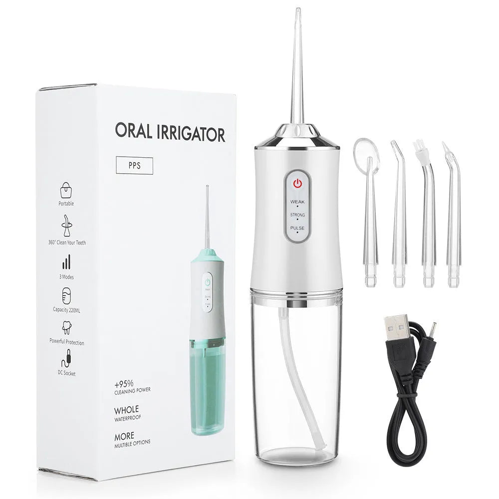 Handheld electric water flosser in white, pink, light green, or white-green with three speed settings, four nozzles, and USB cable