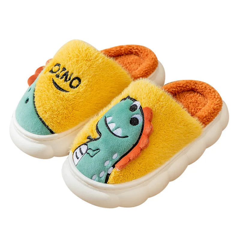 Cotton plush couple slippers with dinosaur designs in three colour options