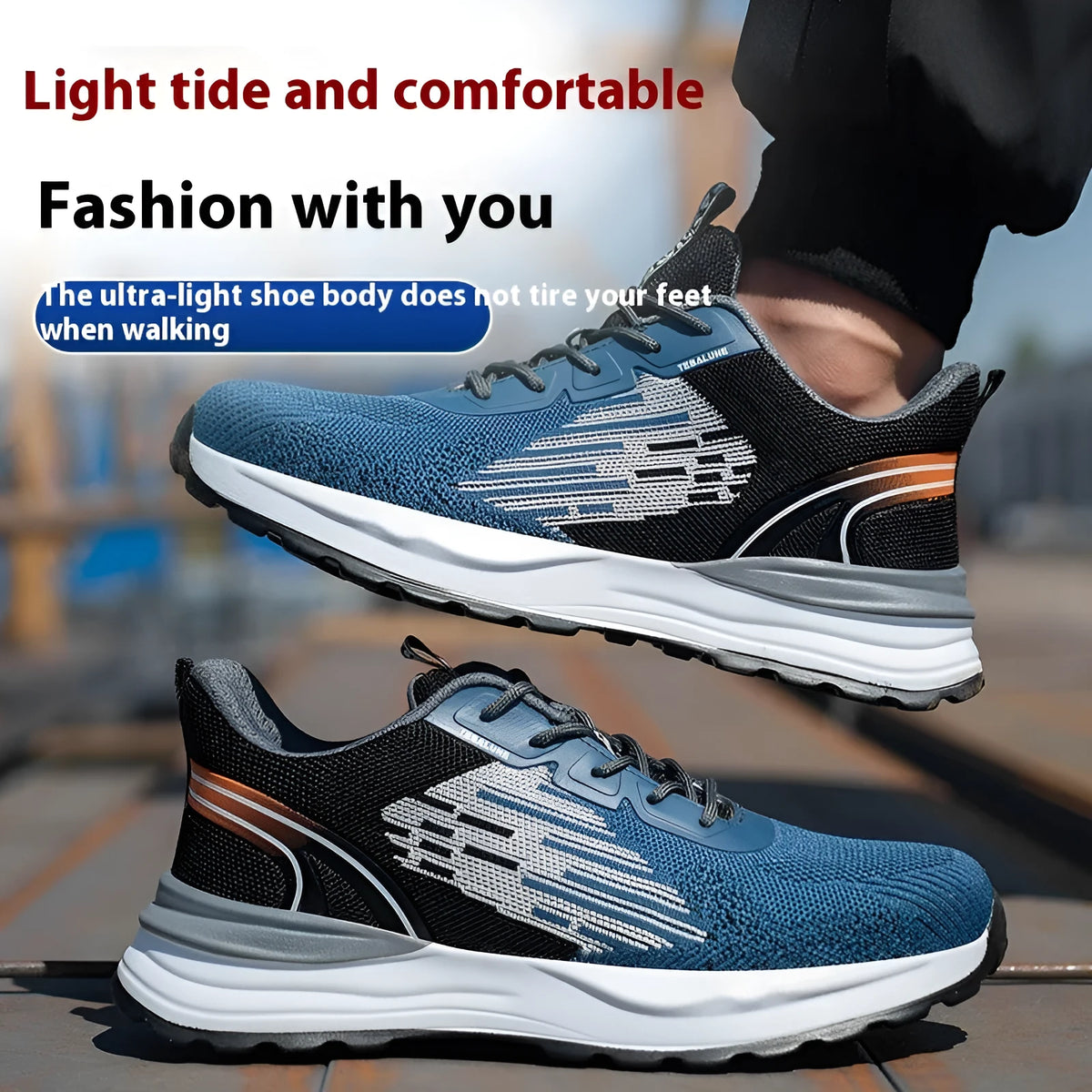 Blue men's lightweight safety work shoes with plastic toe caps and breathable mesh upper