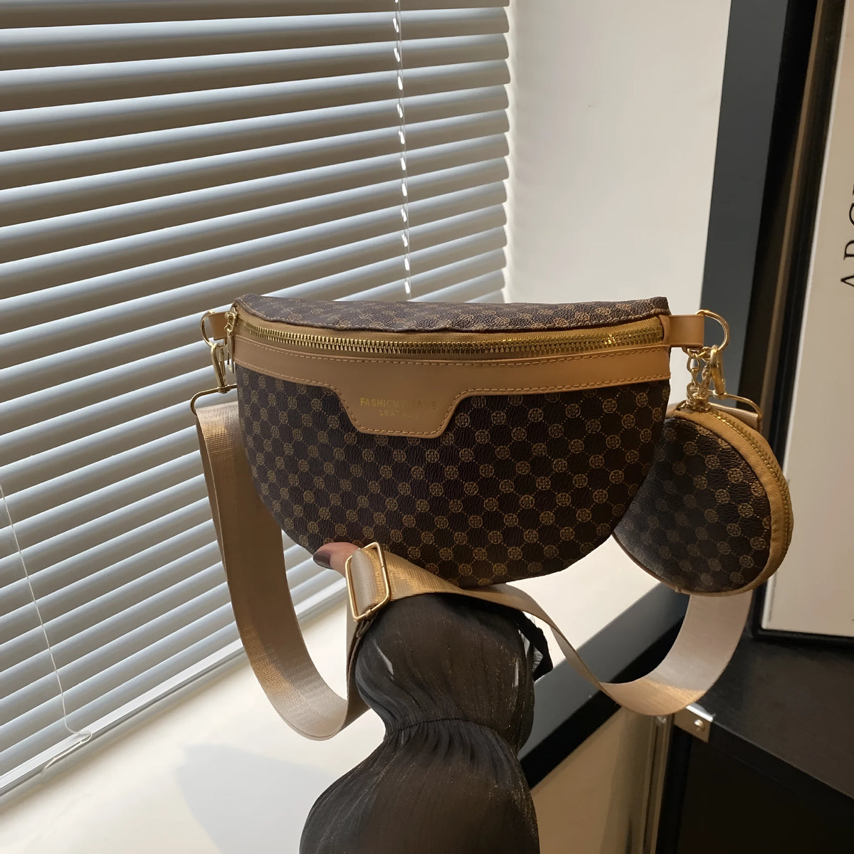 PU retro print crossbody bag with mobile phone compartment and sandwich pocket in black, brown, or coffee