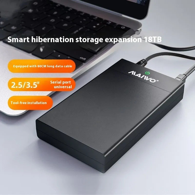 3.5 inch USB 3.0 SATA hard disk box with power supply and cable for 14TB drives in black silver colour