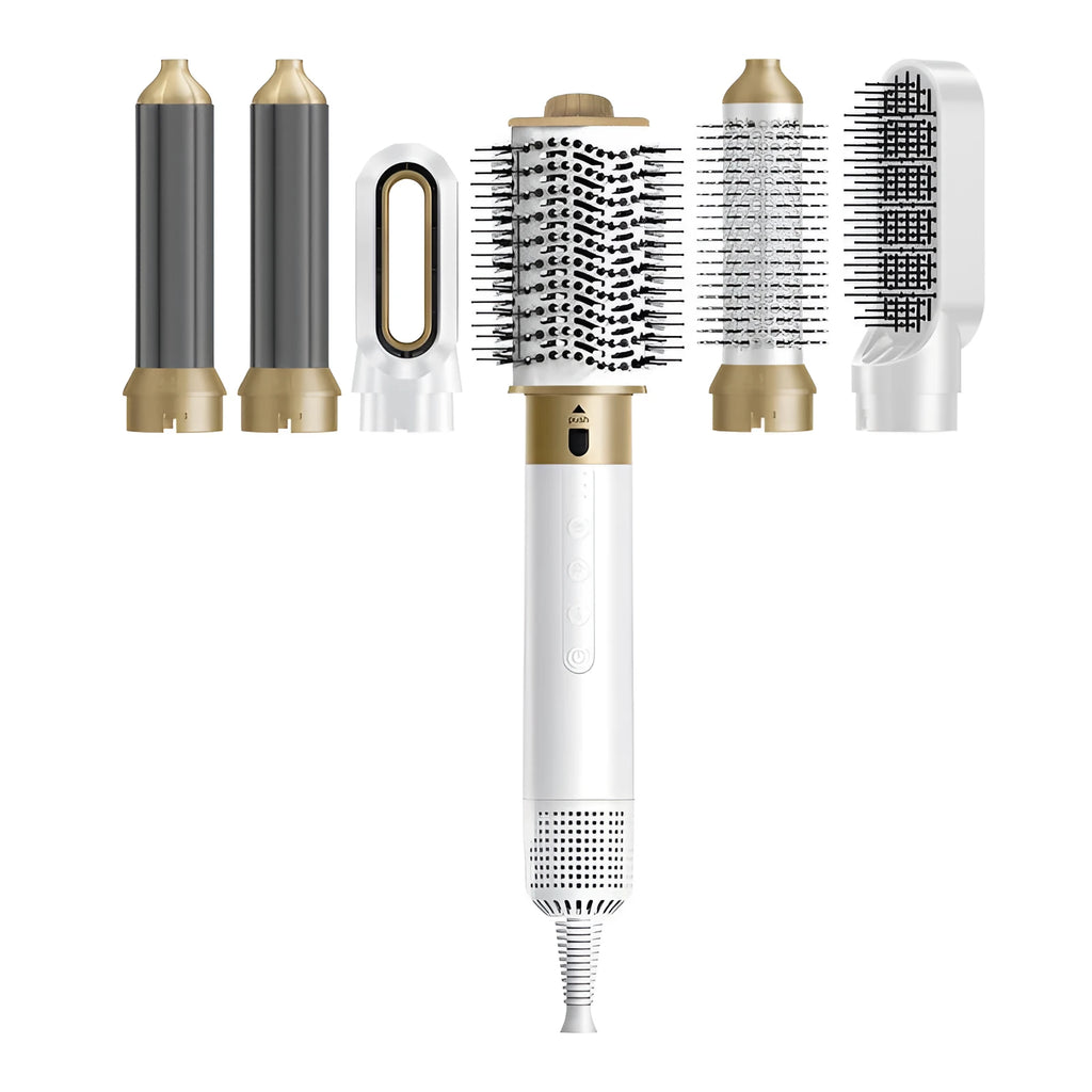Dark blue and white 6-in-1 electric hot air styling comb with attachments in a leather case.