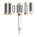 Dark blue and white 6-in-1 electric hot air styling comb with attachments in a leather case.