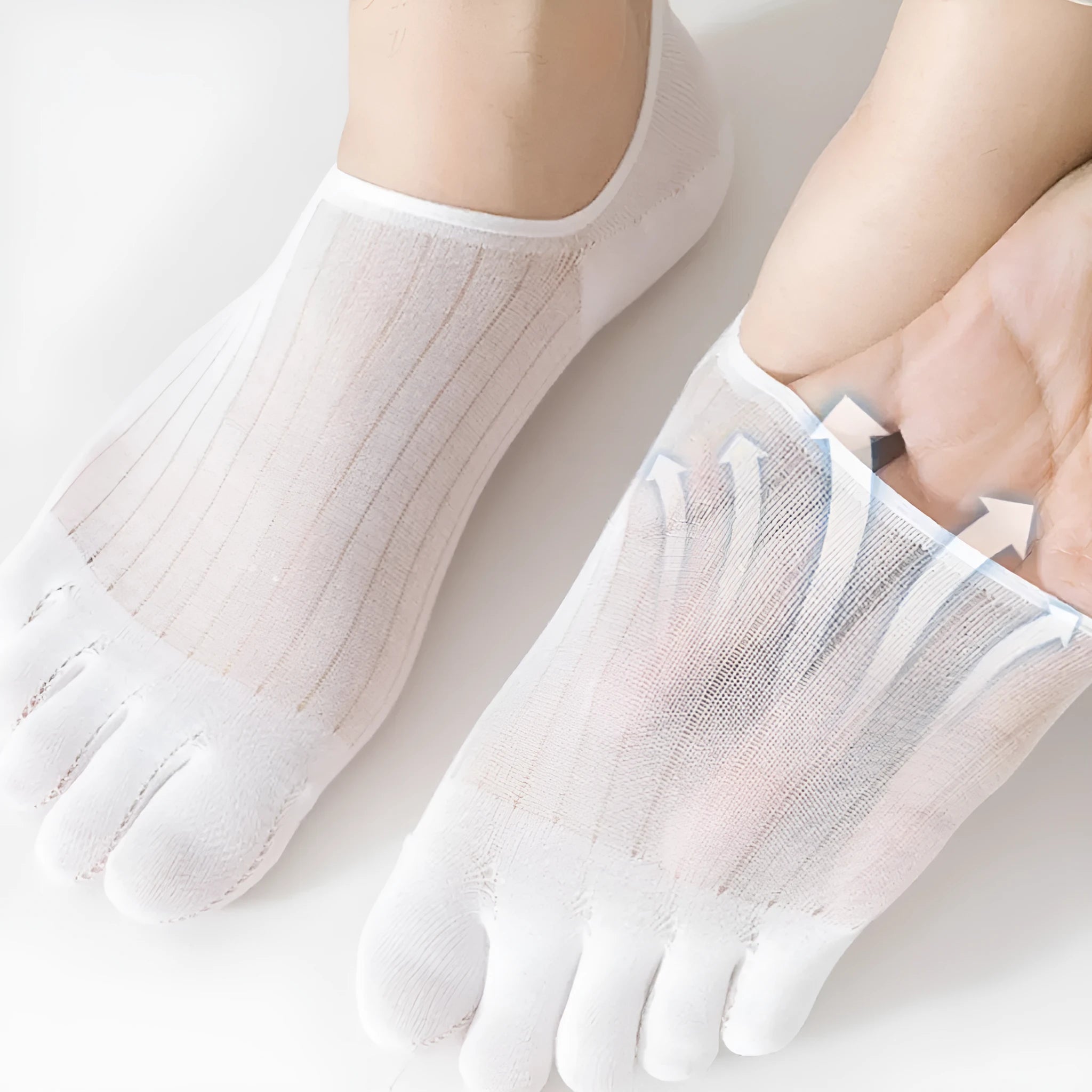 Modal cotton five-finger ultra-thin boat socks in solid colours on a white background.