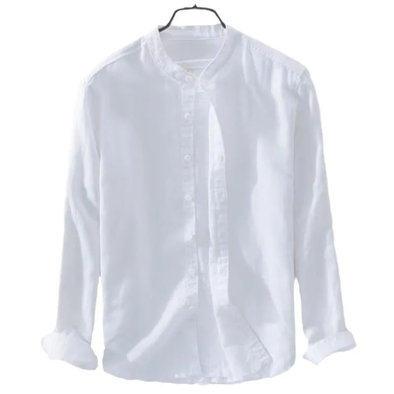 Men's loose fit long sleeve cotton linen shirt in solid colour with button-up front