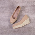 Women's wedge heel pumps with rope-wrapped wedge and shallow front opening