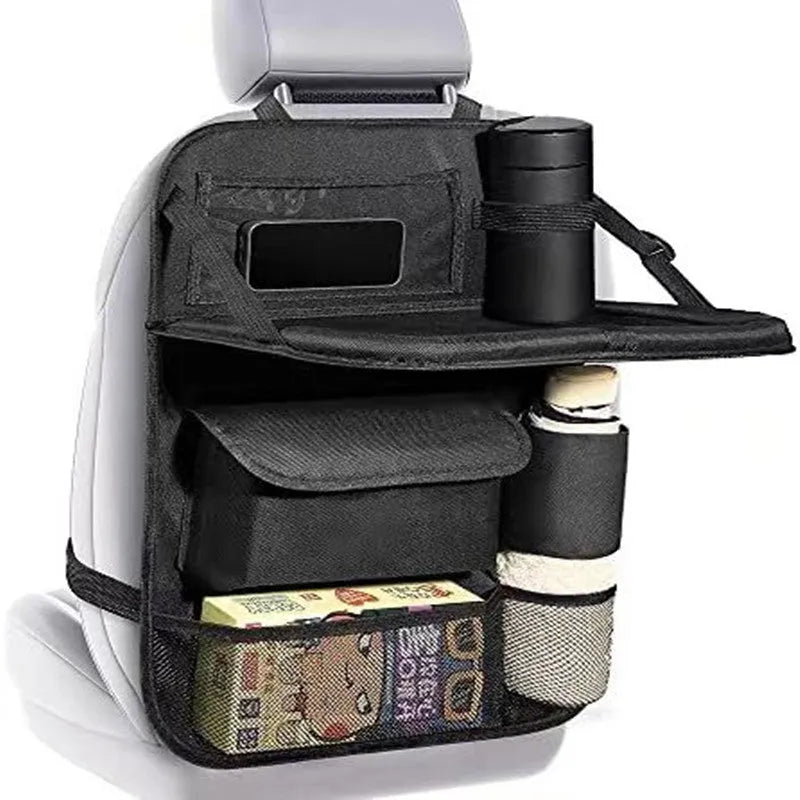 Black oxford cloth car seat back storage bag with mesh pocket measuring 42x30cm