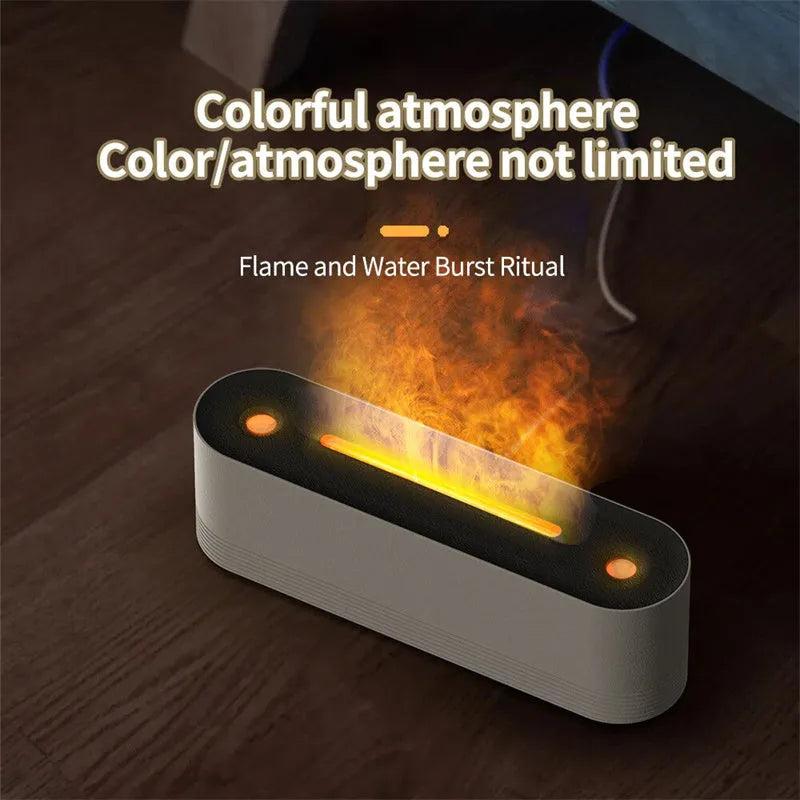 Black Flame Air ultrasonic humidifier and essential oil diffuser with coloured LED lights on a desk.