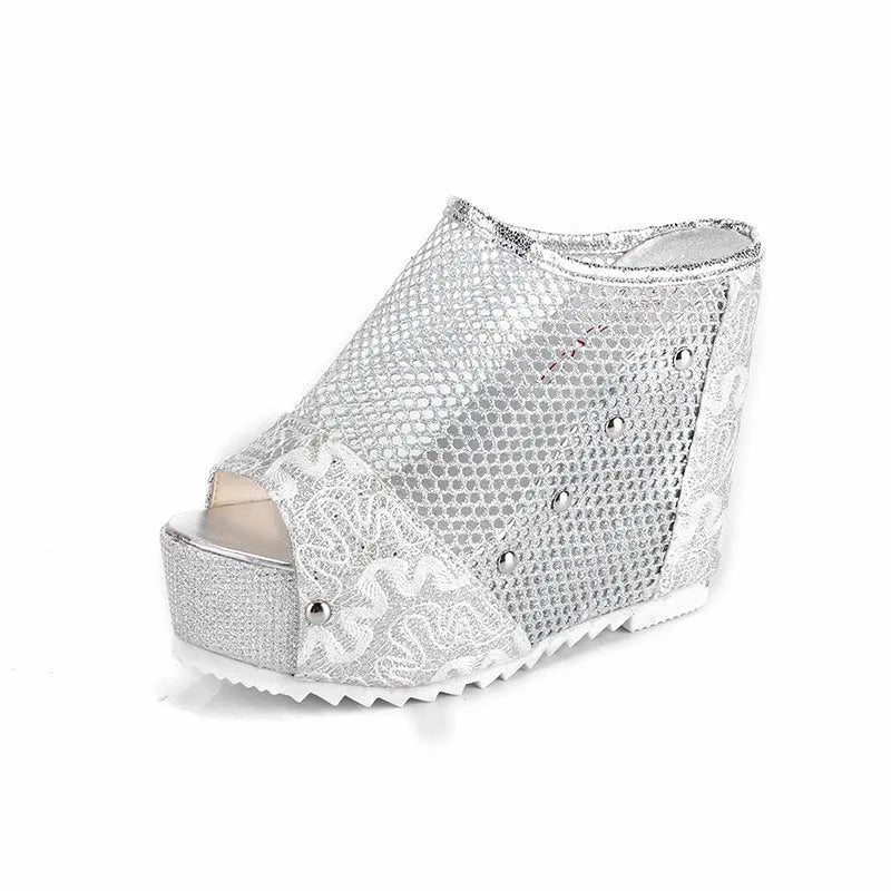 Korean platform sandals with hollowed-out heel design in black, mesh upper material