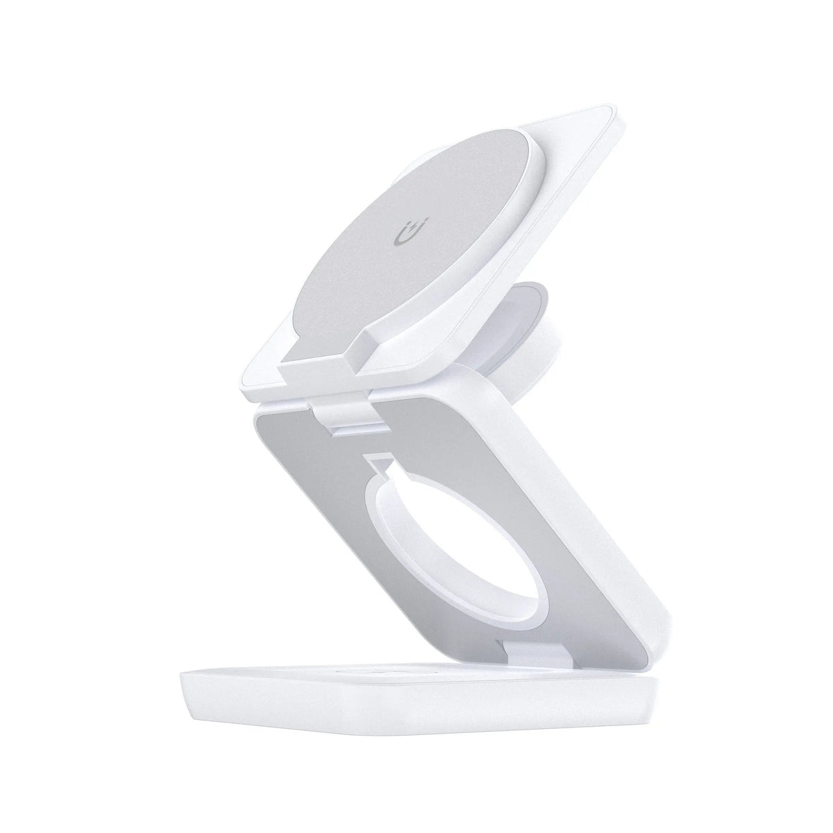 White foldable magnetic wireless phone charger holder with 360-degree rotating base on a desk.
