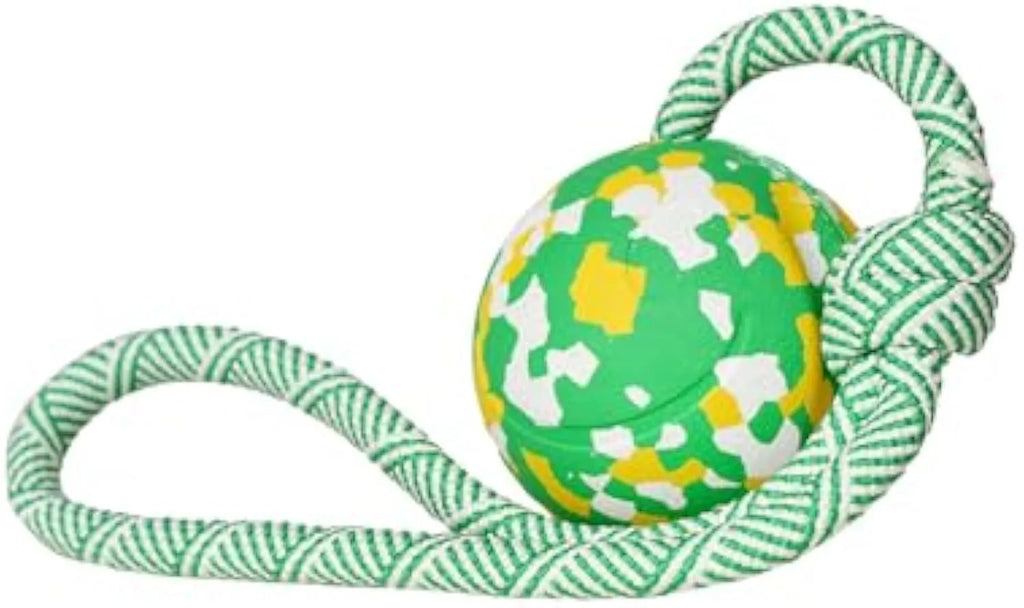Natural rubber dog ball attached to a blue nylon rope, shown in two sizes L and S for interactive play.
