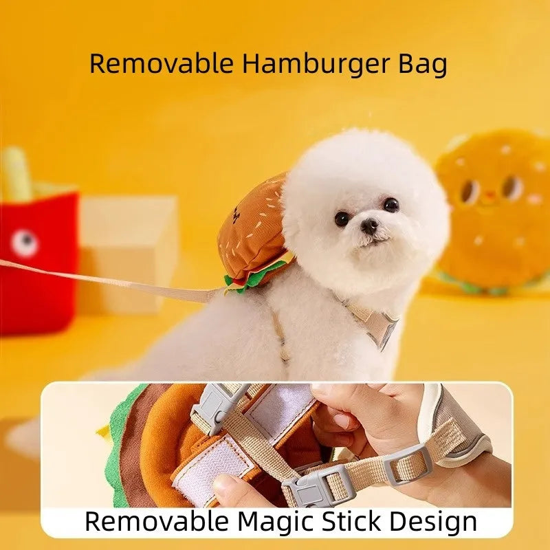 Cartoon hamburger design adjustable pet walking vest with leash and matching backpack for cats and dogs