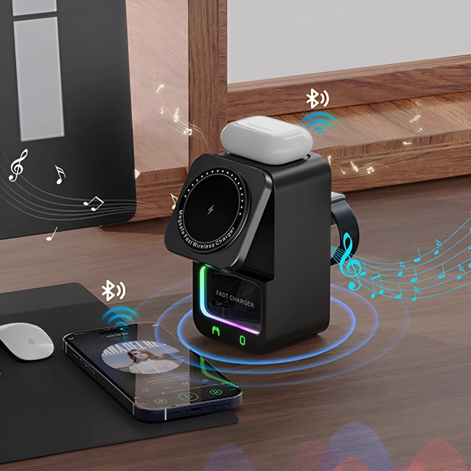 White and black 5-in-1 Bluetooth speaker wireless charger with QC3.0 fast charging