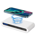 White desktop wireless charging pad with 15W fast charging and eight-colour atmosphere lighting, measuring 175x83x32mm