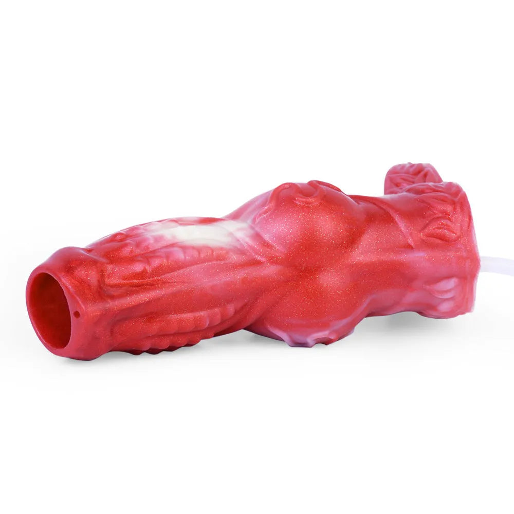 Water spray silicone condom toy with syringe and airbag components, shown in M and L sizes.