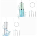 Handheld electric water flosser in white, pink, light green, or white-green with three speed settings, four nozzles, and USB cable