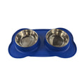 Large silicone dog bowl with a stainless steel inner insert, shown in blue on a floor.