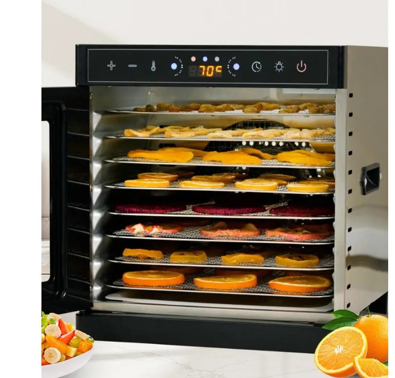 Stainless steel fruit dehydrator with transparent skylight lid showing six drying trays inside