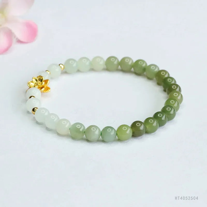 Hand-woven Hetian jade bracelet with water gradient colour and 6mm floral beads