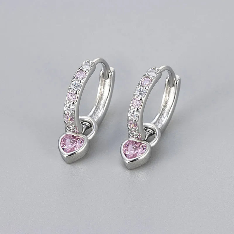 Women's heart-shaped drop earrings with coloured zircon gemstones in gold or white gold plating