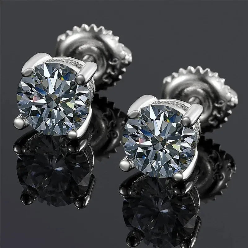 Geometric moissanite stud earrings with four claw screw fastening on silver plating