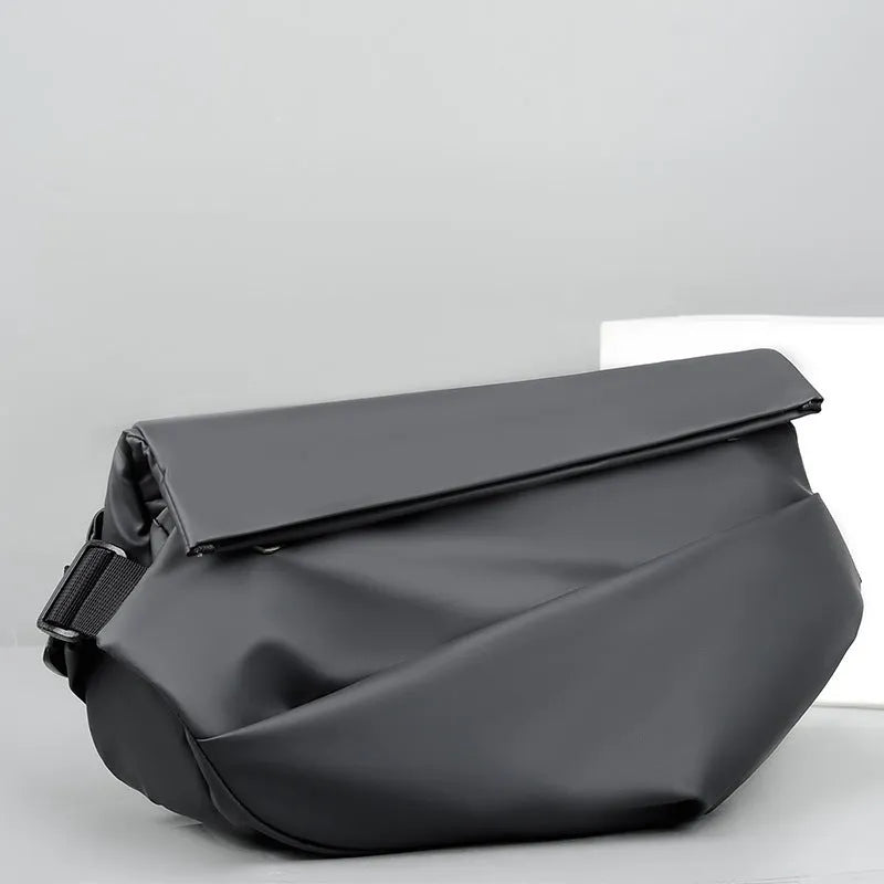 Men's grey PU crossbody bag with shoulder strap showing internal organisation compartments