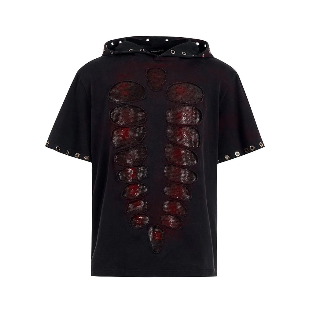 Black hooded men's t-shirt with sequin detailing in loose-fitting short-sleeve design