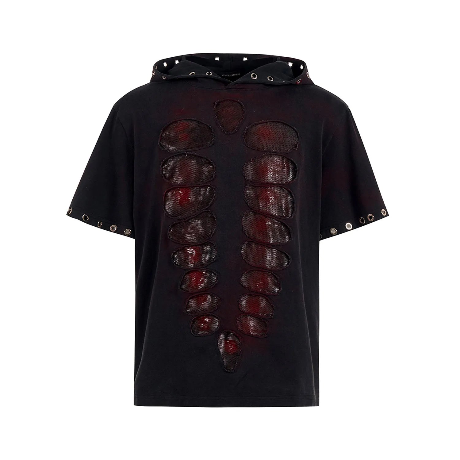 Black hooded men's t-shirt with sequin detailing in loose-fitting short-sleeve design