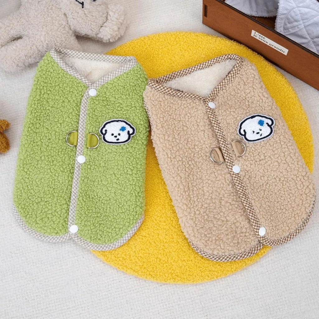 Green coral fleece dog vest with metal leash ring for small pets