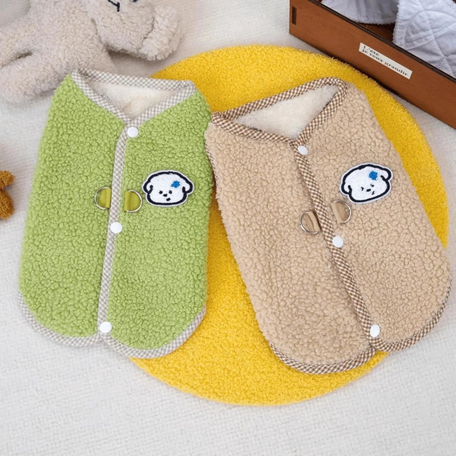 Green coral fleece dog vest with metal leash ring for small pets