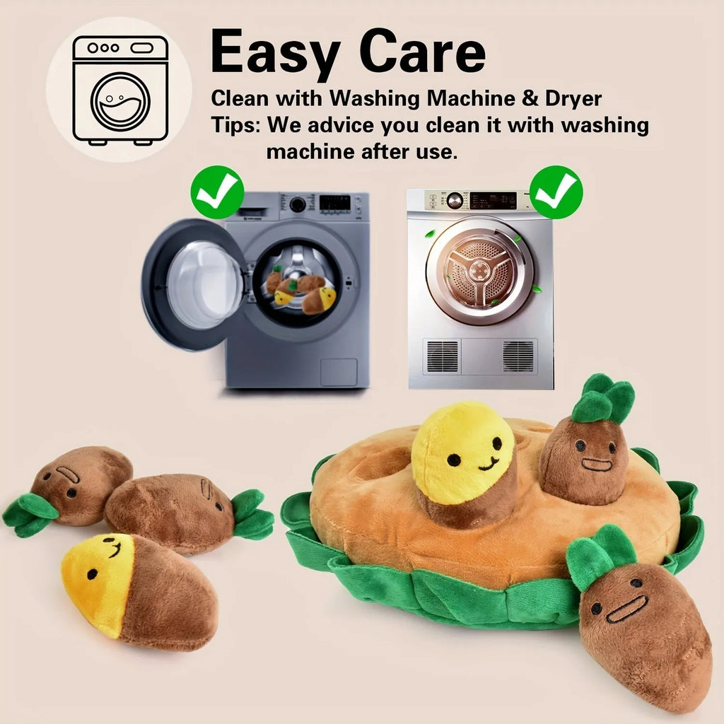 Yellow durable polyester dog foraging play pad with removable squeaky plush toys