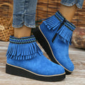 Dark brown suede women's wedge ankle boots with side zip and tassel on a waterproof platform sole.