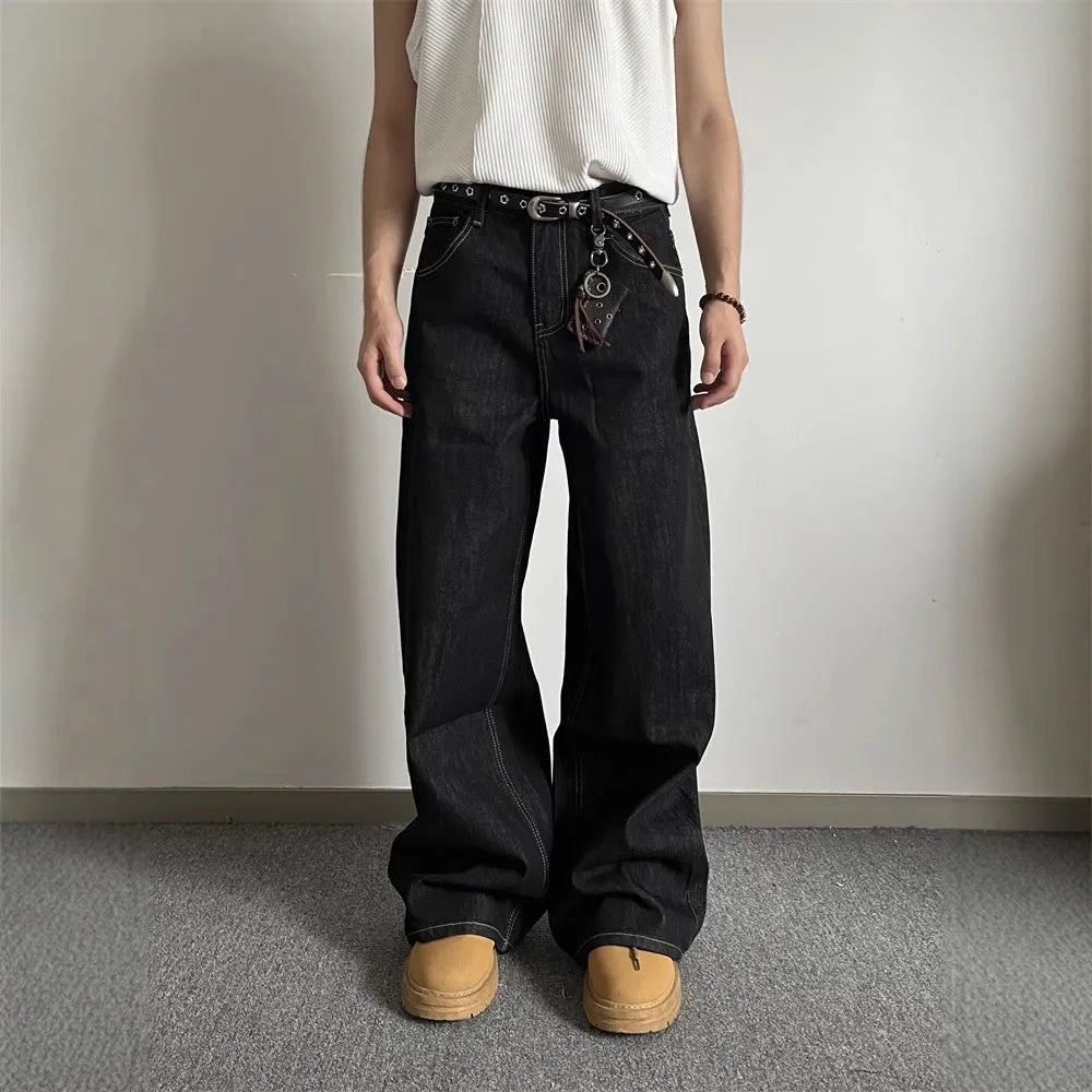 Black retro straight-leg jeans with loose wide-leg design and zip placket closure