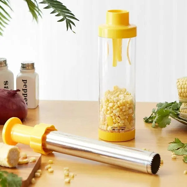Yellow corn stripper tool with cylindrical design showing 27cm height measurement