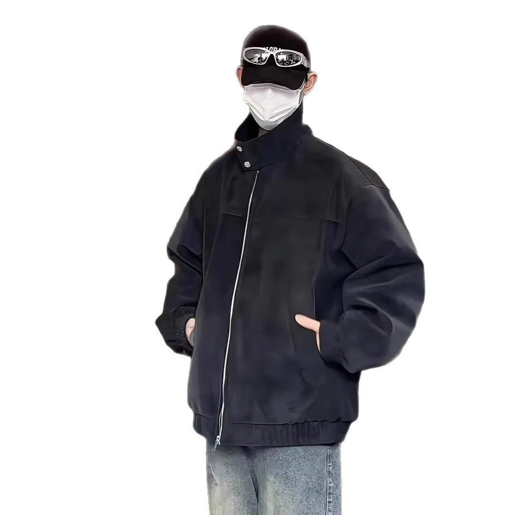 Men's black tie-dye PU leather jacket with stand collar and side pockets