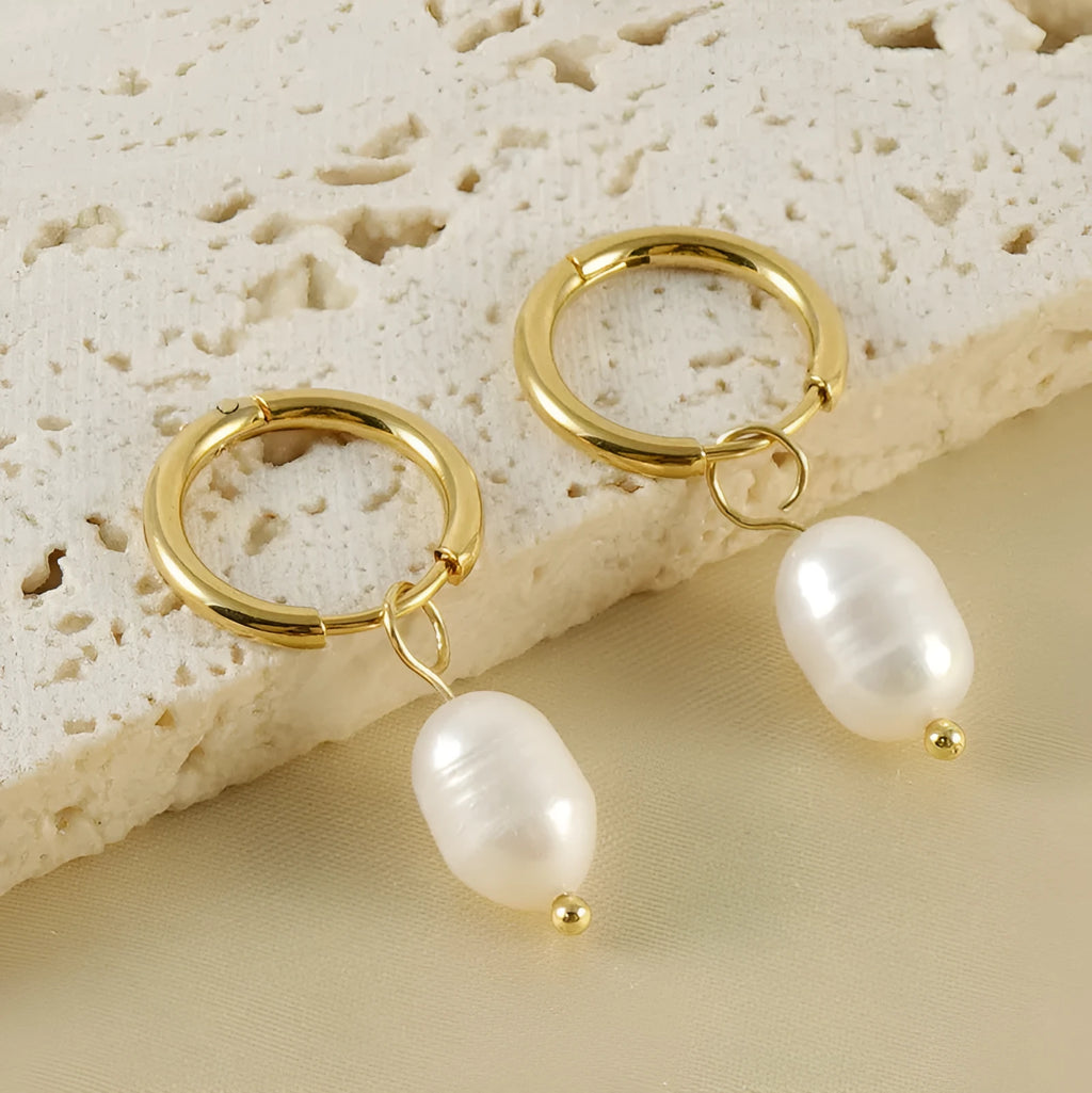 Gold geometric women's earrings with pearl accent on titanium steel posts