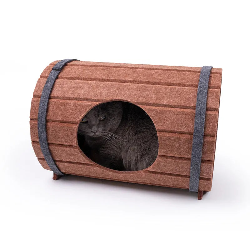 Assembled wine barrel shaped cat bed made from polyester fibre felt board with binding straps