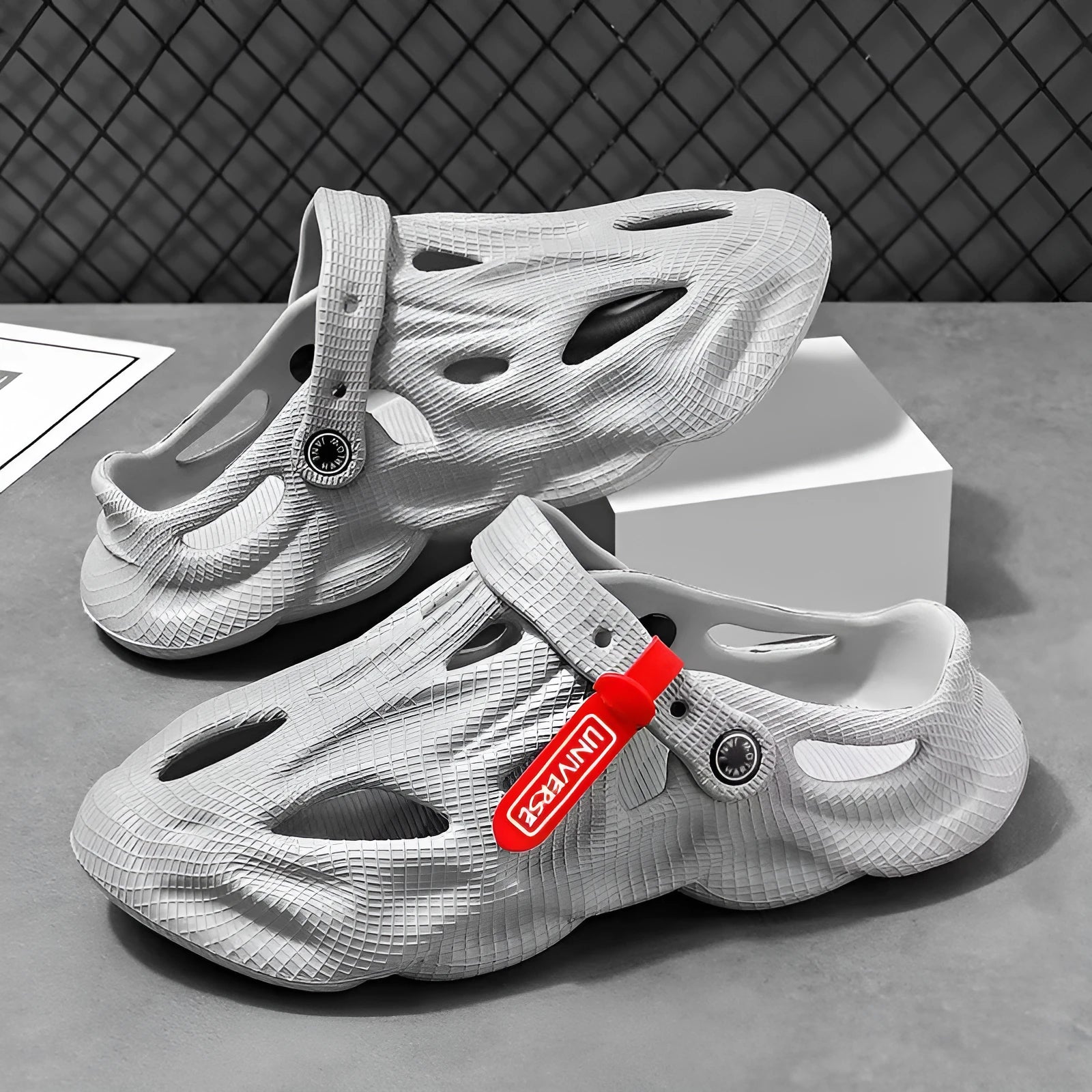 Coconut fibre slippers with closed toe design in EVA material showing grey, black, white, and khaki colour options
