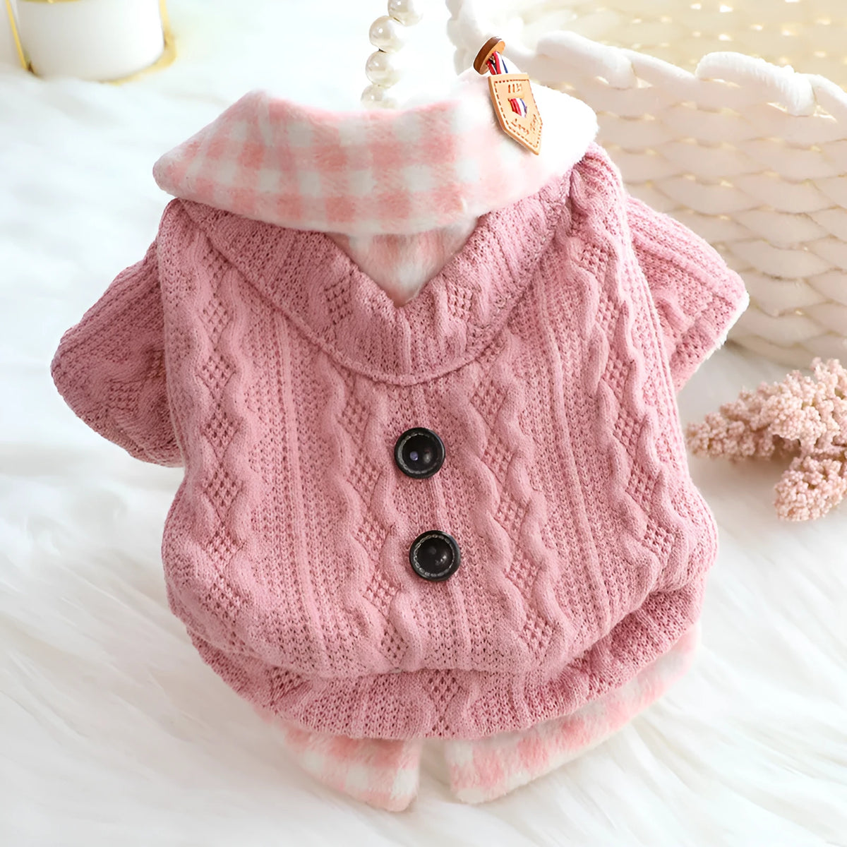 Blue wool plaid dog sweater with fleece lining and matching cotton jacket set