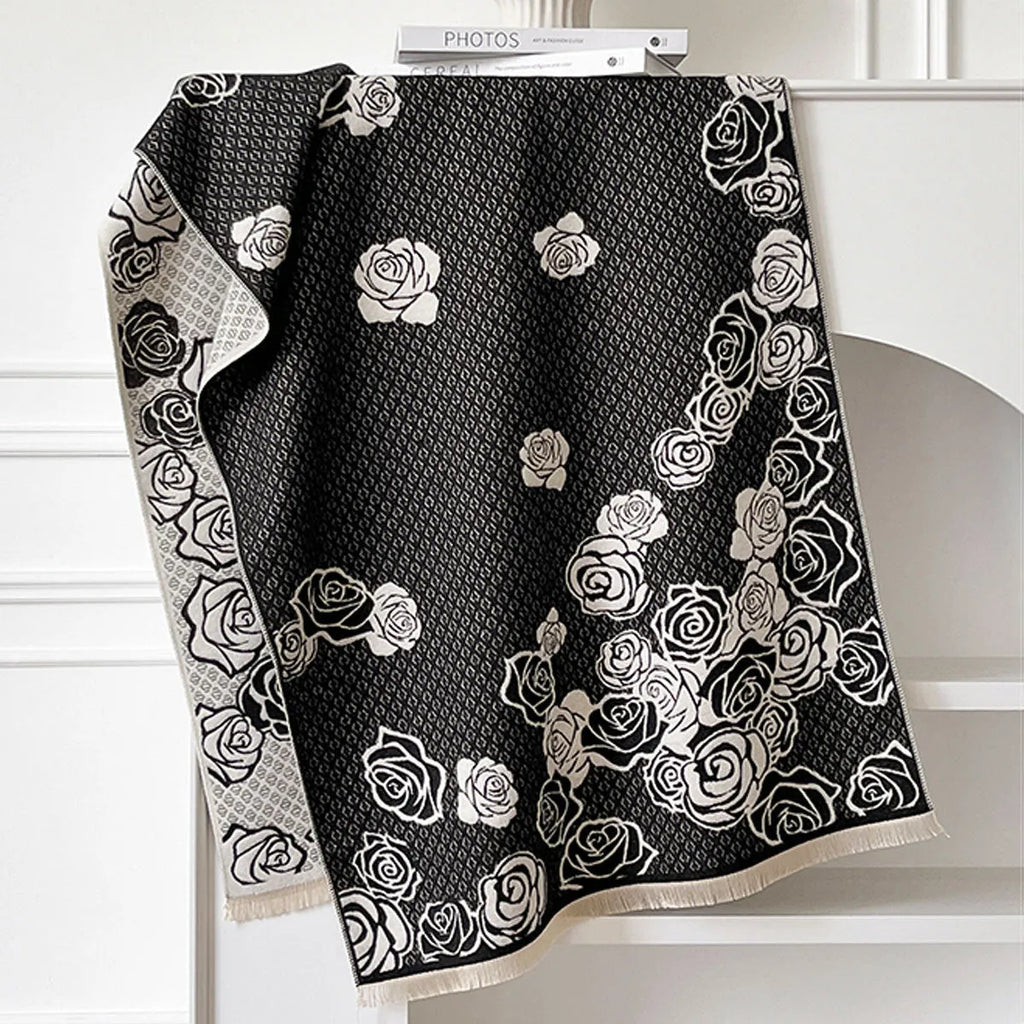 Long gray cashmere-like winter scarf with tassels laid flat showing its 185cm length