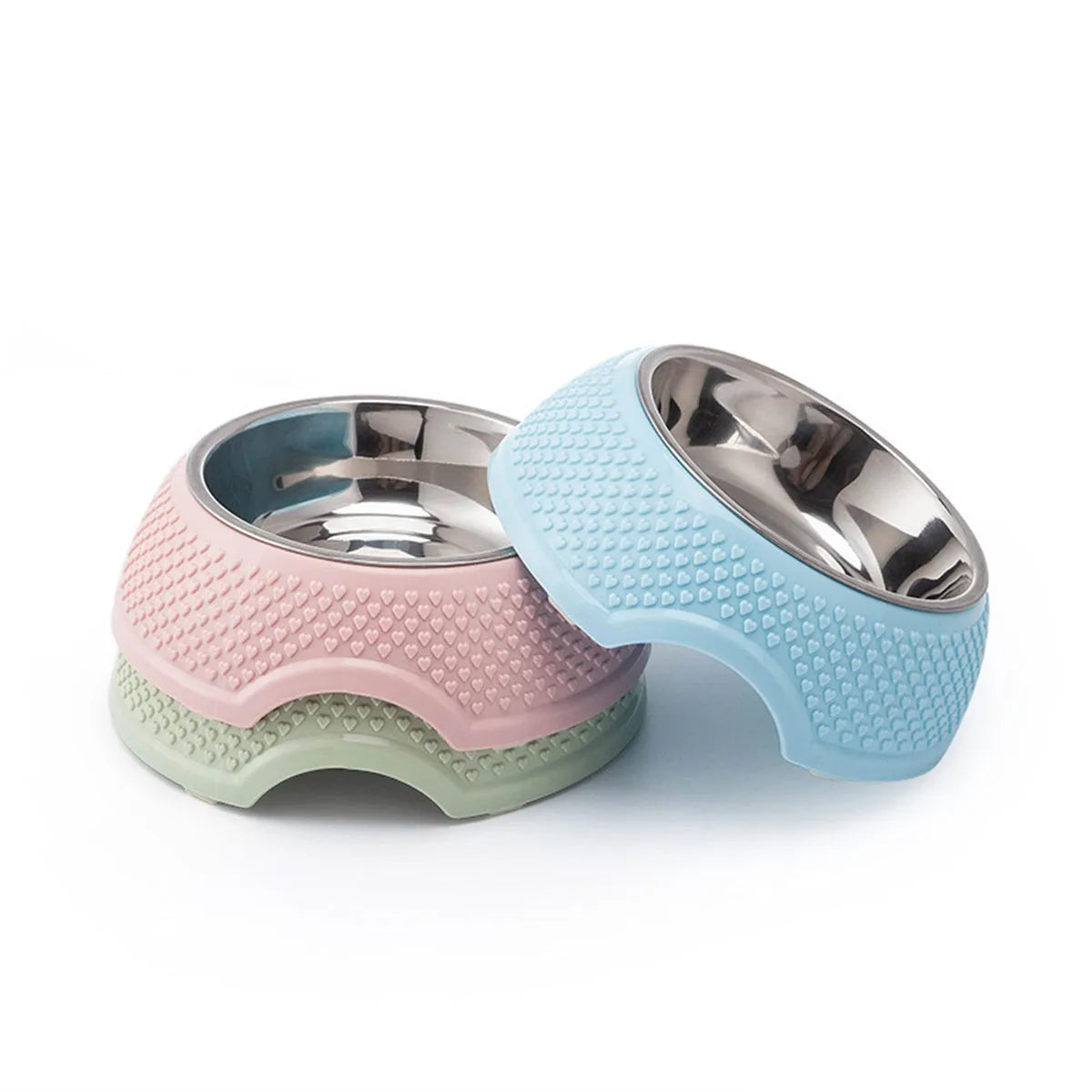 Stainless steel pet bowl with weighted non-slip base in blue, green, or pink colours