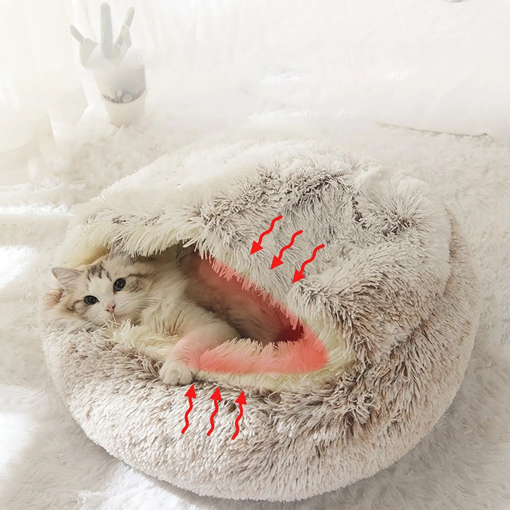 Round plush hooded cat bed in faux fur with non-skid base, semi-enclosed donut shape, available in 40cm, 50cm, 60cm