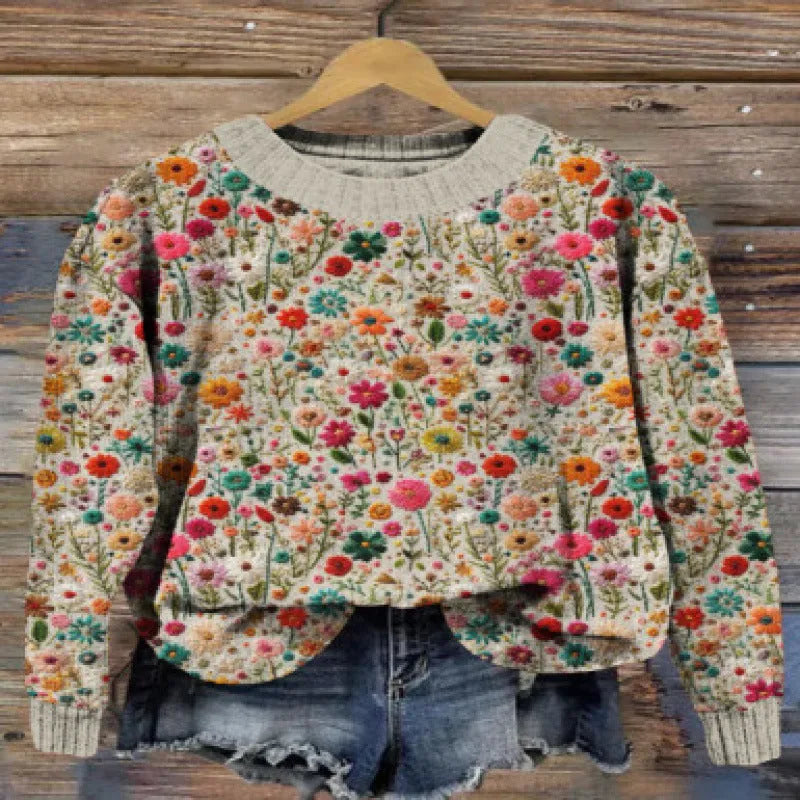 Little Flower digital printed round neck sweater with floral pattern in polyester fibre