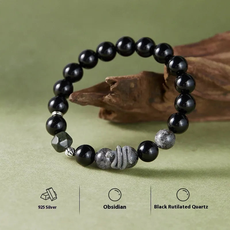 Men's black obsidian snake bracelet in 925 sterling silver with retro zodiac design