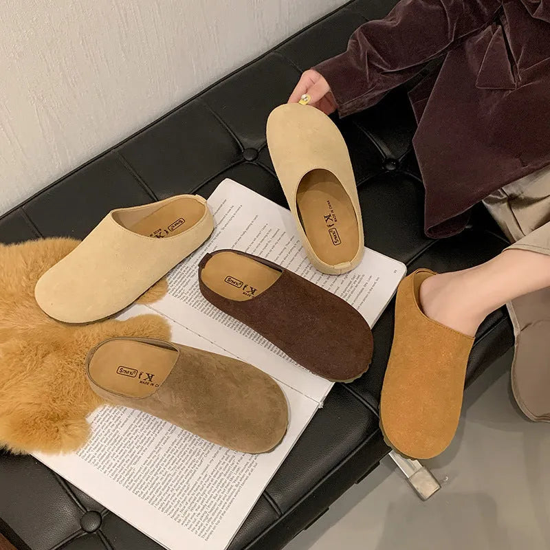 Korean style slip-on slippers in apricot colour with flat soft sole and microfiber upper