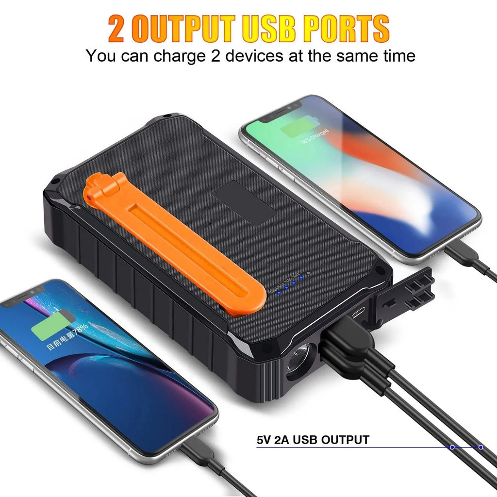 Green and orange portable solar hand crank power bank showing USB ports, solar panel, and hand crank